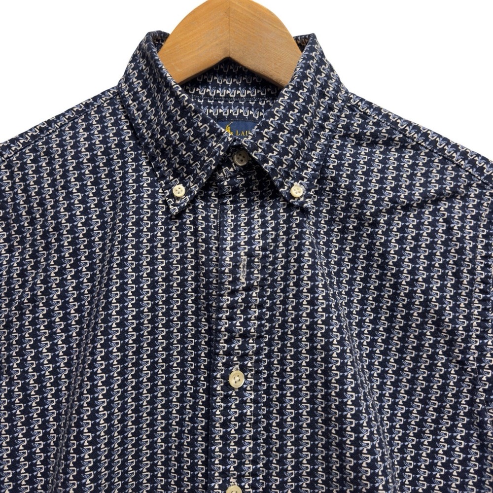 Ralph Lauren Men's Small Classic Fit AOP P Wing Navy Blue Button Down S/S Shirt